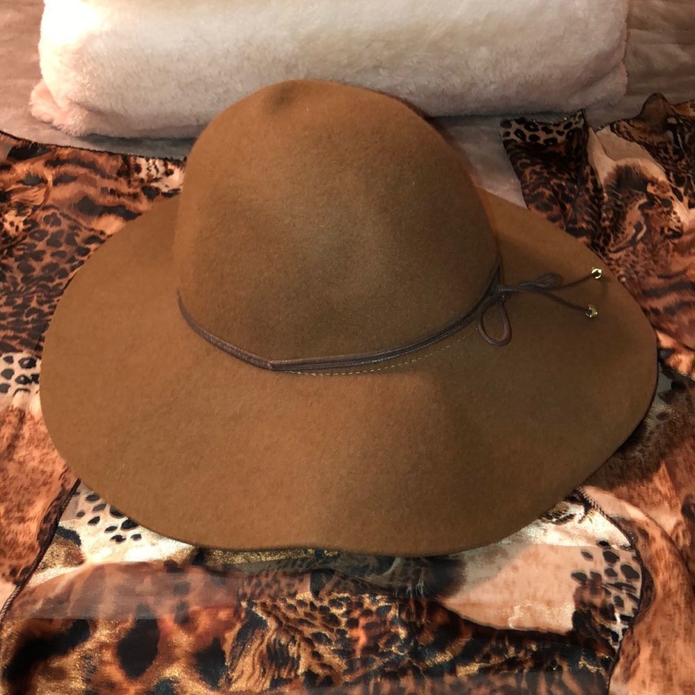 Wool Felt Brown Floppy Wide Brim Hat with waxed braided tie and brass charms - Picture 2 of 9